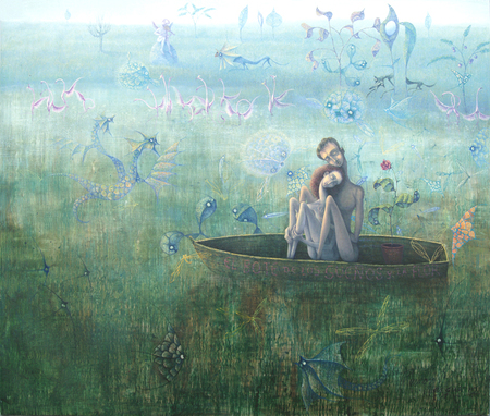 Ramón Vázquez <br>El Bote de los Sueños y la Flor </br> (<i>The Ship of Dreams and the Flower</i>), 2012 <br> oil on canvas </br> 32 ¾ x 39 ½ inches