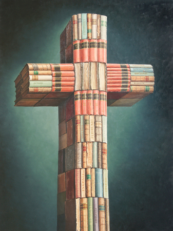 Joel Besmar<br> Ven y Mira </br> (<i>Come and See</i>), 2011<br> oil on canvas</br> 78 ¾ x 59 inches
<br></br>
This painting is illustrated in Important Cuban Artworks, Volume Ten, Page 121
<br></br>
The towering cross composed of books in this rendition is inspired by the fifth chapter of the Book of Revelation, also known as the Apocalypse of St. John. This final book of the New Testament of the Bible delivers a divine message, using codes, images and numbers. It is a symbolic and allegorical representation of a sealed book with seven wax signets that hold hidden meanings and predictions of historical future events.
<br></br>
The four books in the upper center of the composition – with their pages facing the viewer – allude to transcendental attributes of God, such as, faith, unity, beauty and goodness. The other seven blocks of books, with their book spines all in Latin, symbolize all mankind, with its virtues and sins –and moreover – it is a thought-provoking compendium of the struggle between the righteous and the immoral.
<br></br>
As in the Book of Revelation, the title of the painting, Come and See, invites the viewer to take a closer look, engage, and try (or dare!) to unravel this mystical experience, supposedly beyond all human understanding.