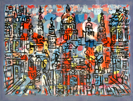 <b>René Portocarrero</b><br>
Vista de La Ciudad de La Habana<br>
(<i>View of the City of Havana</i>), 1970<br>
mixed media on heavy paper laid down on board<br>
19 ¾ x 26 inches<br></br>
Havana was René Portocarrero's natural habitat. If once - during his childhood years – El Cerro neighborhood defined his universe, the painter's coming of age marked his unfolding towards the confines of the capital city. We can say that if any Cuban seized Havana and, at the same time, the city claimed the painter its own, that was René Portocarrero. “Here are the hundred and more cities - let us be wary of the figures in the catalog - seized and captured by the Prodigious Magician, Don René Portocarrero. Are all of these perhaps just one?”, would note Eliseo Diego, friend of the painter and Originista as well, in comments written precisely for the exposition, Landscapes of Havana by René Portocarrero, University of Havana, October, 1978, L Gallery.
<br></br>
Roberto Fernández Retamar, earlier, in his words for the exhibition, Portocarrero: The Color of Cuba, May, 1963, Havana Gallery, had observed, “One city is not made with a compass upon paper: it is made by combining necessity with contingency, caprice with duty: the balcony from where you can view the sea, with the plaza of kisses; the contorted street with four hundred years of rain over a number of stones. This is how Havana has been crafted. And Portocarrero has painted it, bringing along with him its interiors, its stained glass windows, its gates, its cupolas, its skies. Havana has been sung by a poet with the certainty only a poet can express.”
<br></br>
Ramón Cernuda