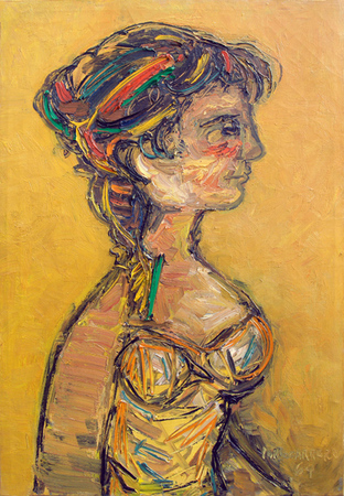 <b>René Portocarrero</b> <br>
Muchacha de Perfil<br>
(<i>Young Lady in Profile</i>), 1964<br>
oil on canvas<br>
33 x 22 ¾ inches<br></br>
This painting was exhibited in the show <i>René Portocarrero</i>, Museo de Arte Moderno, May 1965, Bosque de Chapultepec, Mexico, and illustrated in the corresponding exhibition catalog, no. 6.
<br></br>
This painting was exhibited and sold at Christie’s New York, November 1994, Lot #160
