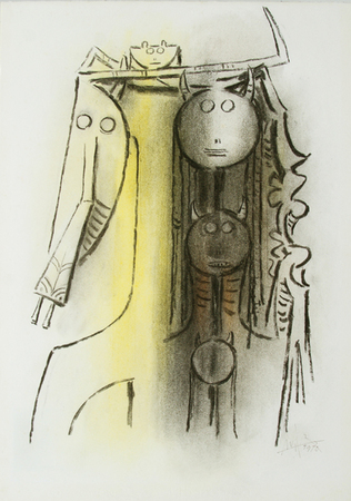 <b>Wifredo Lam</b> <br>
Mujer Caballo con Eleguas <br>
(<i>Femme Cheval with Eleguas</i>), 1970<br>
mixed media on heavy paper<br>
laid down on board<br>
27 3/4 x 19 1/2 inches<br>
</br>
<i>Provenance</i>: Museum of Art Fort Lauderdale