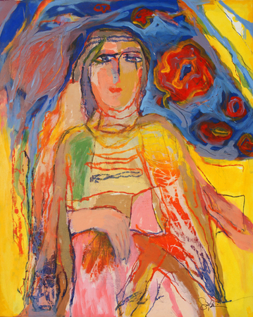 <b>Gina Pellón</b> <br>
Planta Secreta <br>
(<i>Secret Plant</i>), 2010<br>
mixed media on canvas<br>
40 x 32 inches<br>
</br>
Gina works feverishly without pause – unstoppable even after the departure from life of almost all her colleagues of the exceptional group COBRA. Not even the biological absenteeism of her compatriot painters and sculptors, who once, in the decades of the 1960’s, 70’s and 80’s, integrated that talented colony of Cuban émigré artists in France, has slowed her down. Back then, it was the comradery of Joaquín Ferrer, Angel Acosta León, Jorge Camacho, Roberto García York, Agustín Cárdenas, Pérez Castaño, Agustín Fernández, Herrera Zapata, Ramón Alejandro and others. Now, time and destiny have plotted to leave us Gina to hold the flag of a glorious epoch of Cuban art in the Parisian diaspora.
<br></br>
Youth is never forever. Gina arrives at her late style of painting full of energy and enthusiasm. Her creations are freer and seem more spontaneous. The contours of her figures no longer contain, they merely suggest. The expressionism of the unbridled brushwork is loose of formality and devoid of restriction. The palette contributes color fields that clash and make peace. Inevitable destiny of neighbors.Femininity blushes in her canvases, through the feast of color. The sinuous line establish the coquettishly curvatures of her ladies. Women who exalt dignity and self-assurance in a world conquered via beauty and elegance, not by conflict and militancy. <br></br>
Ramón Cernuda