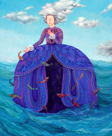<b>Irina Elén González</b> <br>
Dama de los Mares <br>
(<i>Lady of the Seas</i>), 2012<br>
acrylic on canvas<br>
39 x 31 ¾ inches <br></br>
Irina Elén González was born in 1978 in Pinar del Río, Cuba, where she presently resides. She is a graduate of the Carlos Hidalgo Professional School of Visual Arts of Pinar del Río. Since 2006, she has been represented worldwide by Cernuda Arte.
<br></br>
The artist has presented one person exhibitions in Havana at the Casa Oswaldo Guayasamín, in 2005, and in Pinar del Río, at the Provincial Center of Visual Arts, in 2001.
<br></br>
Irina Elén has participated in ten international art fairs, and has been included in over twenty-five group exhibitions throughout her career. Her work has illustrated several children’s books and has appeared in various magazines. The artist has garnered multiple awards and honorable mentions in juried art competitions.