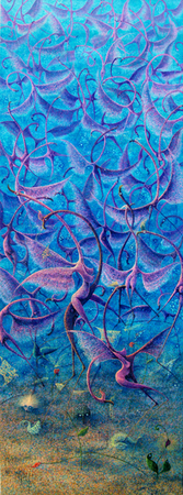 <b>Ramón Vázquez</b> <br>
En Busca del Amor<br>
(<i>Looking For Love</i>), 2012<br>
oil on canvas<br>
78 ¾ x 29 ½ inches<br>
</br>
Ramón Vázquez was born on February 29, 1972, in Viñales, Pinar del Río, Cuba. His studies in the plastic arts began at the Raúl Sánchez Vocational School of Art in Pinar del Río. In 1987, he entered the National School of Plastic Arts in Havana. He graduated in 1991 as a draftsman, painter and professor of Painting and Drawing. That same year he joined the <i>Conjunto Artístico Integral de Montaña</i>, for a period of two years. From 1993 through 1995, he worked as a specialist in the Art Gallery of Viñales. The artist currently resides and works in Viñales, Pinar del Río, Cuba.
