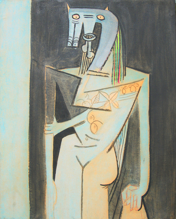 Wifredo Lam<br>Mujer de Pie<br>(<i>Standing Woman</i>), 1944<br>mixed media on paper laid down on canvas<br>42 x 33 3/4 inches</br><br>
Exhibited in <i>Lam</i>, Galleria Ferrari, Treviglio, Italy, 1988, and illustrated in the exhibition catalog.</br><br>Exhibited in <i>Wifredo Lam, Un Percorso</i>, Galleria Gruppo Credito Valtellinese, Refettorio delle Stelline, Milano, Italy,November 2002, and at Museo di Storia e Arte, Palazzo Sassi de Lavizzari, Sondrio, Italy, January 2003.</br><br>Illustrated in the exhibition catalog, <i>Wifredo Lam, Cuba Italia. Un Percorso</i>, Silvanna Editoriale, 2002, page 63.
Exhibited in <i>Wifredo Lam, L’Oiseau du Possible</i>, Galerie Boulakia, May 2004, and illustrated in the exhibition catalog, page 47.</br><br>This painting is illustrated in <i>Wifredo Lam: Catalogue Raisonné of the Painted Work, Volume I, 1923-1960</i>, Acatos, Project Director: Eskil Lam, page 342, no. 44.07.</br><br>This painting is accompanied by a photo-certificate of authenticity signed by Lou Laurin Lam, dated May 11, 2011 and no. 11.11.