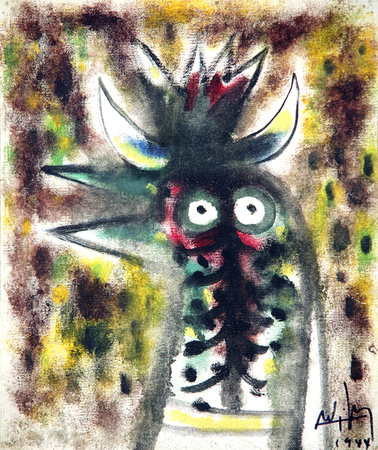 Wifredo Lam<br>Gallo Caribe<br>(<i>Caribbean Rooster</i>), 1944<br>oil on canvas<br>11 1/2 x 9 3/4 inches</br><br>Provenance: Galerie de la Présidence, Paris, France; Inna Salomon Collection, Paris, France.</br><br>This painting is accompanied by a photo-certificate of authenticity signed by Madame Lou Laurin Lam, dated Paris, December 21, 2010.