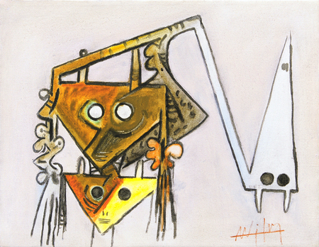 Wifredo Lam<br>Sin Título, Reencuentro de Amigos<br>(<i>Untitled, Friends Reunited</i>), 1972<br>signed on the front, and signed and dated on the back, oil on canvas<br>13 3/4 x 17 3/4 inches</br><br>Provenance: Originally acquired from the artist by Galleria Seno, Milano and sold to a private collector, Milano, Italy.</br><br>Illustrated in <i>Wifredo Lam: Catalogue Raisonné of the Painted Work, Volume II, 1961-1982</i>, Acatos, Project Director: Eskil Lam, page 407, no. 73.81.