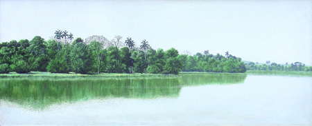 Tomás Sánchez<br>Orilla<br>(<i>Lake Shore</i>), 1986<br>acrylic on canvas<br>31 1/2 x 77 inches
