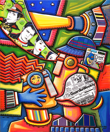 Alfredo Sosabravo<br>Fanáticos de Cine<br>(<i>Film Fans</i>), 2011<br>mixed media on canvas<br>46 1/4 x 39 inches