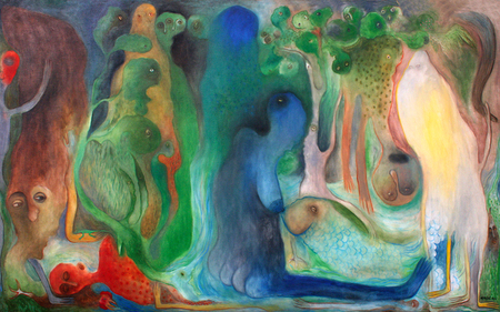 Manuel Mendive<br>Sueño y Transfiguración<br>(<i>Dream and Transfiguration</i>), 1989<br>oil on canvas<br>46 x 74 3/4 inches<br></br>
Illustrated in the book, <i>Mendive</i> - Pierre Restany and Giorgio Segato, CarinArte, Padua, Italy, 1990, page 55.