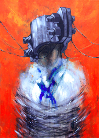 Dayron González<br>Alta Tensión<br>(<i>High Voltage</i>), 2011<br>mixed media on canvas<br>42 1/2 x 30 3/4 inches