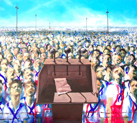 Dayron González<br>Perdón<br>(<i>Forgiveness</i>), 2011<br>mixed media on canvas<br>58 1/4 x 64 1/2 inches