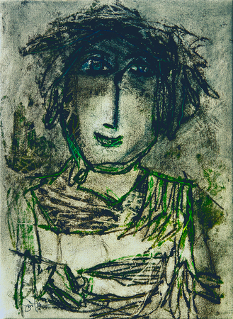 Gina Pellón<br>Mujer en Negro No. 1<br>(<i>Woman in Black No. 1</i>), 2008<br>mixed media on heavy paper laid down on canvas<br>28 1/2 x 21 inches
