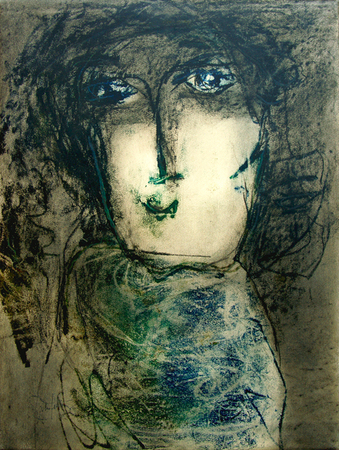 Gina Pellón<br>Mujer en Negro No.2<br>(<i>Woman in Black No.2</i>), 2008<br>mixed media on heavy paper laid down on canvas<br>28 1/2 x 21 inches