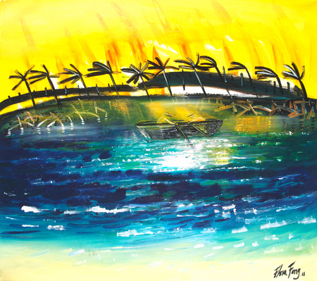 Flora Fong<br>Día de Fuego y Mar<br>(<i>A Day of Fire and Sea</i>), 2011<br>mixed media on canvas<br>44 1/2 x 49 1/2 inches<br></br>The attraction toward the natural surroundings has become, for Flora Fong, a true specialty within her work. The artist, with her slight stature and delicate demeanor, exhibits the traces of a unique blending of cultures. In this case, her heritage carries considerable proportions of the Orient through the father, a Chinese national who married a Cuban woman.<br></br>Now we ask ourselves, how does this woman perceive the vigorous natural surroundings which characterize the Cuban archipelago, that enchanted island garden so admired by visitors from all over the world? Her very dark, oblique eyes, made as if to grant passage only to what is essential, act as filters of the many details reaching the
boundaries of her pupils. Then, bathed in courage and spirit, with the senses as mediators between that which has been inherited and the results attained through rigorous professional training, a potent mixture occurs, taking shape
in an artistic formula that suddenly appears. This artistic formula emerges – born in a fortuitous fusion of the ecstasy of passion and the moderating power of taste – producing works which have provoked such widespread interest.<br></br>It is not difficult to find in her expression, features situated within the confines of “abstract expressionism”. Vigorous outlines, abundant use of the color black to contain the presence of hues, and the resonance of sentiment.
On the other hand, the themes being forged seem drawn from the catalog of tradition: landscapes, marinas, still lives. The vast expanse of the panorama and a kind of “close up” of plantain trees, sunflowers or tobacco leaves that
remits the viewer to an intimate structure, to a fundamental place, are inseparable aspects of her poetics. However, if we tend to think that static, minute, or overly detailed grasp is what moves the artist, (decidedly, the draw of the
beloved motifs of the mother country), then we are committing a basic error of appreciation. Flora Fong’s paintings pulsate with the vitality of dynamic transition: the subtle breath of a breeze or the violent gusts of a hurricane,
tousled royal palms, the flow of currents. The enticement of a potential return to the seed. The presence of that which is carried by Cubans throughout their lives, and which marks the most profound embers of national identity.<br></br>Alejandro Alonso, <i>excerpt from The Motifs of the Mother Country</i>, Cernuda Arte, April 2001, page 3.