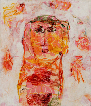 GINA PELLN<br>
Kachina Doll in Rose<br> 
(<i>Mueca Kachina en Rosa</i>), 2011<br>
mixed media on heavy paper
laid down on wood<br>
17  x 14  inches