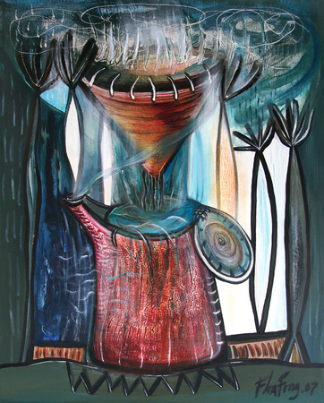 FLORA FONG<br>
Coffee Maker<br>
(<i>Cafetera</i>), 2007<br>
mixed media on canvas<br>
39 x 31  inches