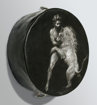 ROBERTO FABELO<br>
The Struggle Goes On<br> 
(<i>La Lucha Contina</i>), 2015<br>
drawing on metal cauldron<br>
32  x 29  x 9 inches

