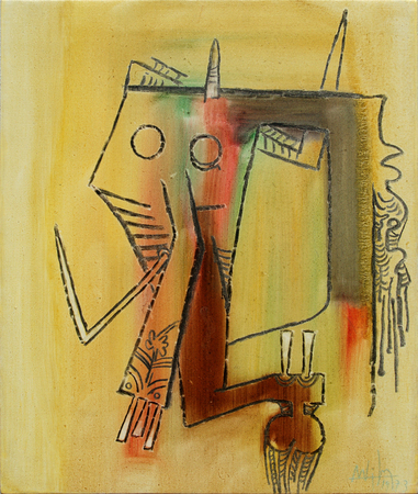 WIFREDO LAM<br>
Composition<br> 
(<i>Composicin</i>), 1973<br>
oil on canvas<br>
21 5/8 x 18 1/8 inches