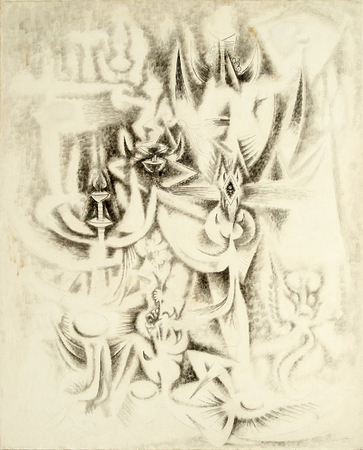 WIFREDO LAM<br>
Transformation<br>
(<i>Transformacin</i>), 1945<br>
oil on canvas<br>
61 x 49 1/4 inches
