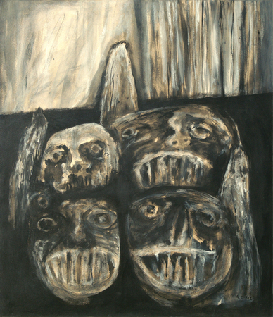 ANTONIA EIRIZ<br>
Untitled [The Voters]<br> 
(<i>Sin Ttulo</i> [<i>Los Votantes</i>]), ca 1963<br>
ink and media on heavy paper laid down on canvas<br>
28 3/4 x 24 3/4 inches