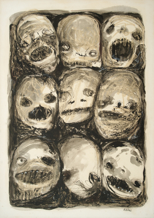 ANTONIA EIRIZ<br>
Untitled [Faces] <br>
(<i>Sin Ttulo</i> [<i>Rostros</i>]), ca 1963<br>
mixed media on heavy paper laid down on board<br>
29 x 20 inches