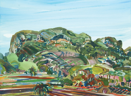 LILIAN GARCA-ROIG<br>
Made in Cuba: Grand View of Hills #3<br> 
(<i>Gran Vista de Mogotes #3</i>), 2017<br>
acrylic on heavy paper laid down on wood<br>
22 x 30 inches