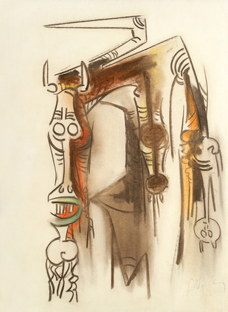 WIFREDO LAM<br>
Woman Horse<br> 
(<i>Mujer Caballo</i>), ca 1960's<br>
mixed media on heavy paper laid down on board<br>
28 3/8 x 20 5/8 inches