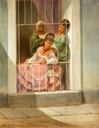 Víctor Patricio Landaluze<br> Damas en la Ventana</br> (<i>Ladies by the Window</i>), ca 1860<br> oil on canvas</br> 13 1/2 x 10 3/4 inches