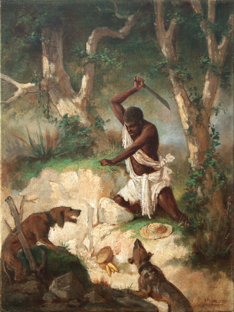 Víctor Patricio Landaluze<br> Cimarrón Luchando con Perros Cazadores</br> (<i>Runaway Slave Fighting the Hunting Dogs</i>), ca. 1860’s</br> oil on canvas<br> 14 x 10 5/8 inches