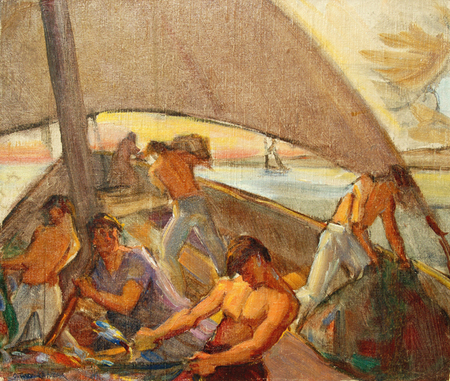 Oscar García Rivera<br> Escena Marinera</br> (Marine Scene), ca 1950<br> oil on cardboard</br> 12 1/2 x 14 1/2 inches