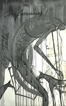 José Bedia<br> Ay Tata, Ampáranos</br> (<i>Oh Tata, Protect Us</i>), 1997<br> oil on canvas</br> 70 1/2 x 43 1/4 inches