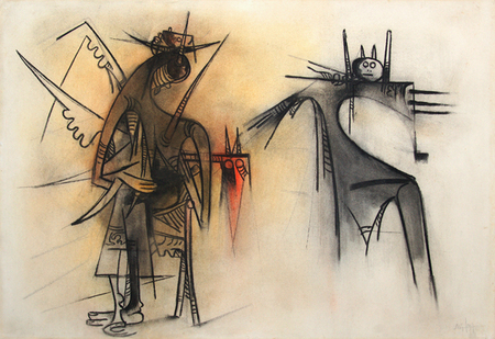 Wifredo Lam <br> Diálogo Secreto </br> (<i>Secret Dialogue</i>), 1960 <br> pastel on paper laid down on board</br>27 ¼ x 39 ½ inches
<br></br>
<i>Provenance</i>: <br>
Private Collection, Milan, Italy </br><br>
This artwork is accompanied by a photo certificate of authenticity signed by the artist, number 11B262. </br><br>
This artwork is illustrated in Michelle Leiris, Wifredo Lam, 1970, Harry N. Abrams, Inc. Publishers.</br>